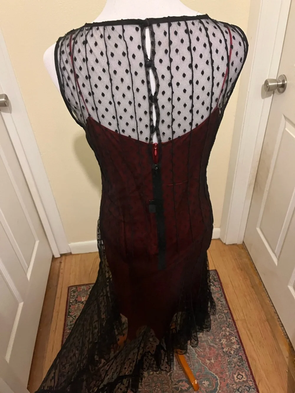 Teri Jon Scarlet Silk Slip Dress with Black Mesh Overlay - Picture 5 of 12